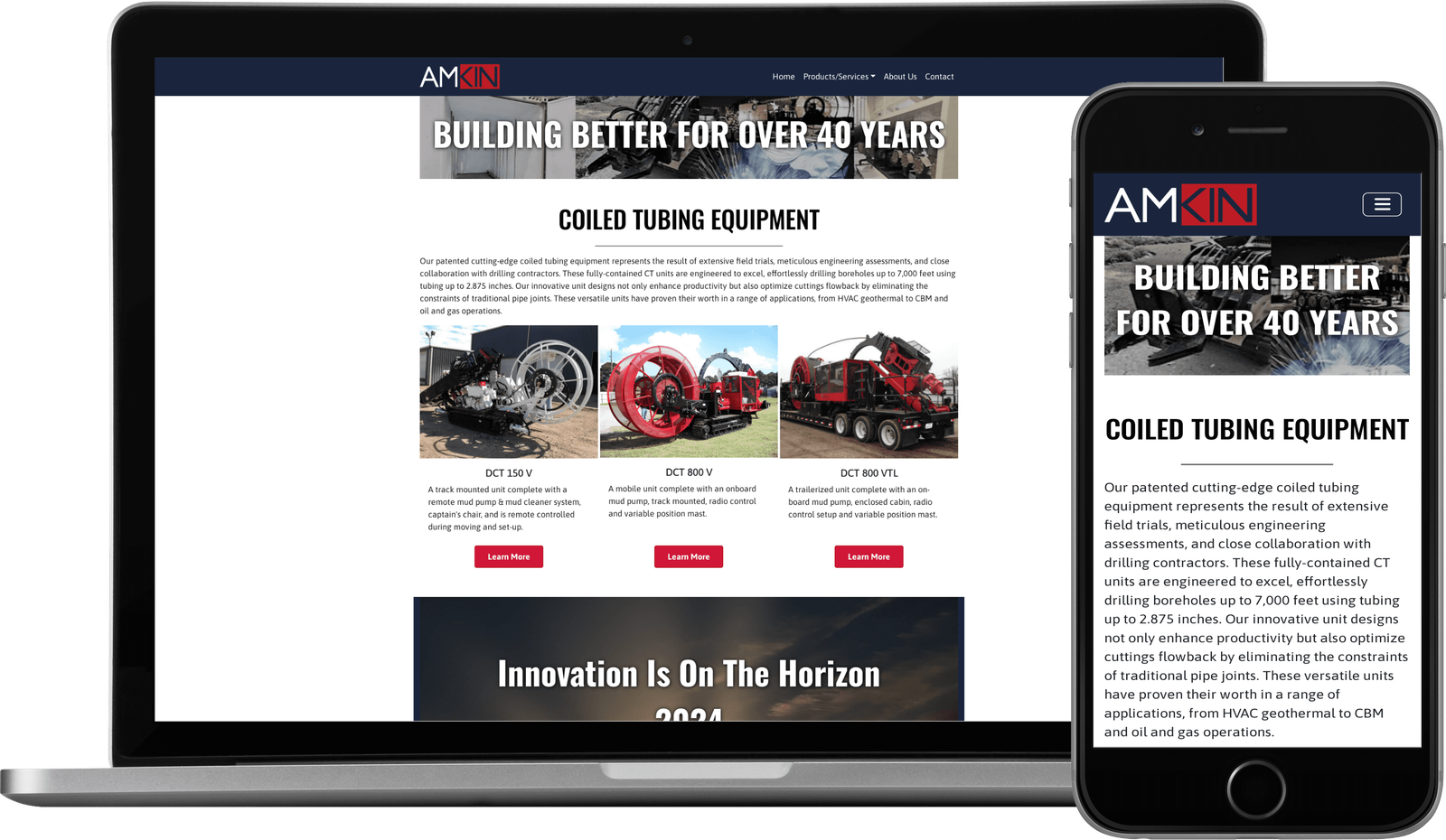 Amkin Manufacturing website on a laptop and a phone