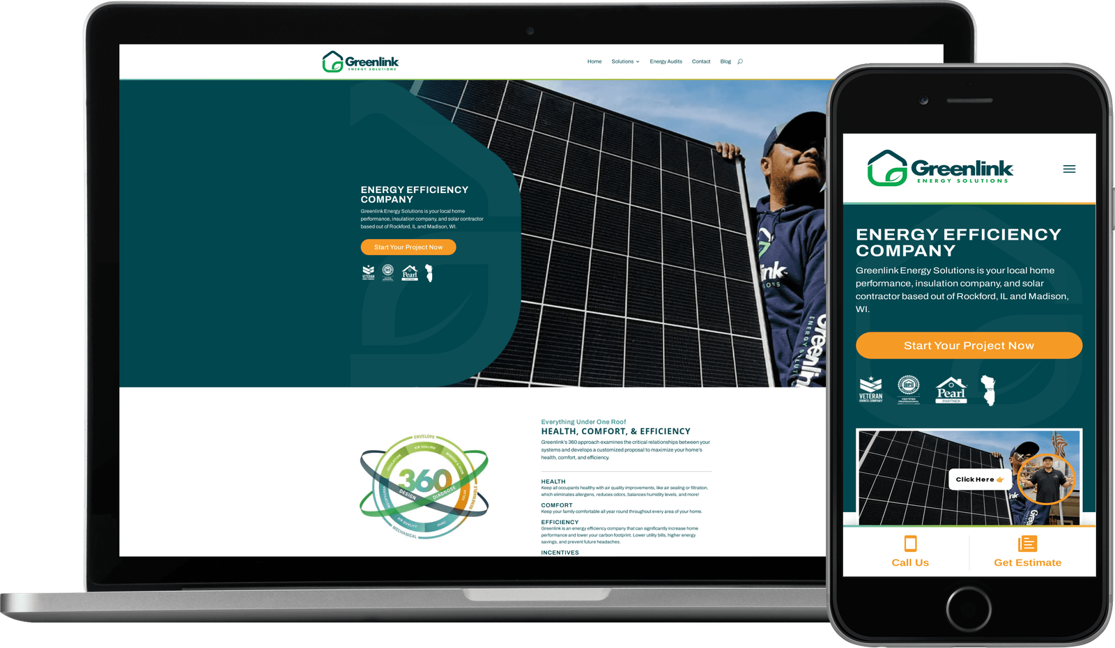 Greenlink Energy Solutions website on a laptop and a phone